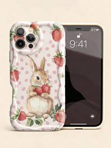 1pc Cute Rabbit & Strawberry Pattern Soft Cream Wavy Edge Personalized Phone Case, Suitable For IPhone 11/12/13/14/15/16/17 Pro Max - Multicolor - View 2