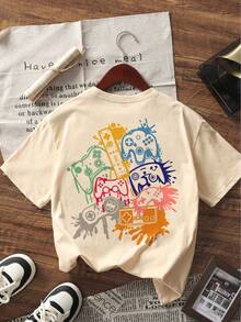 [Cotton T-Shirt] Tween Boy Colorful Game Console Cartoon Print Pullover Crew Neck T-Shirt, Spring/Summer/Autumn Student Young Children's Short-Sleeve Top - Perfect For Play And Casual Outings. A Fun And Colorful T-Shirt That Inspires Every Child's Imagination. Suitable For Sporty Boys' Everyday Wear, Street Style, And School Uniforms. - Màu be - Xem 3