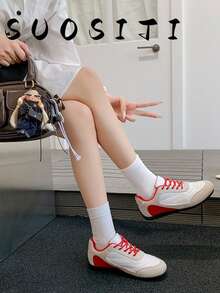 2026新款女士平底舒适休闲运动鞋 - 紅白色 - 查看 2