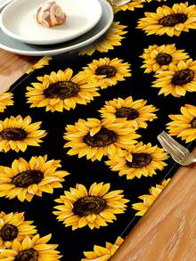 1pc Sunflower Pattern Printed Table Runner, 4pcs Sunflower Pattern Printed Placemats, Suitable For Festivals, Parties, Birthdays, Dinners, Kitchen & Dining Room Decor, Applicable For All Seasons, Home Textile Decoration - Multicolor - View 10