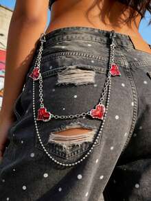1pc Y2K Double-Layer Silver Pant Chain With Red Heart Pendant, Cute Streetwear Style Chain, Y2K Pant Chain, Double-Layer Metal Waist Chain, Red Heart Pendant, Enamel Heart Charm, Sweet Punk Style, Wallet Chain, Ball Chain, Thick Chain Link, Women Fashion Accessory, Girly Jewelry, Bag Charm, Music Festival Outfit, High Street Fashion - Multicolor - View 2