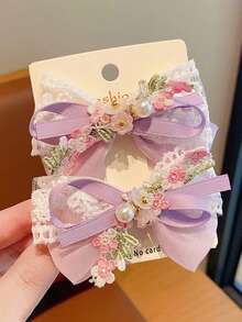 Set de 2 pinzas para el cabello de niña con lazo bordado, adecuadas para uso diario, bailes, fiestas, cumpleaños, escuela y otras ocasiones, accesorios para el cabello elegantes y de moda para niñas - Multicolor - Ver 5