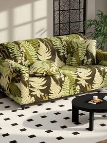 1pc Stretch Full Cover Sofa Slipcover, Leaf Pattern, Modern Polyester Fabric, Machine Washable, Protects Sofa, Dust & Dirt Resistant (Includes 1pc Pillow Cover As Gift) - Olive Green - View 1