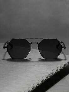 1 Pair Of Smooth Black-Framed Polygonal Fashion Glasses, Alloy Material, Anti-Ultraviolet, Retro Style, Y2K Fashion Glasses, Textured Temple Arms, Perfect For Street Photography - Bright Black - View 7