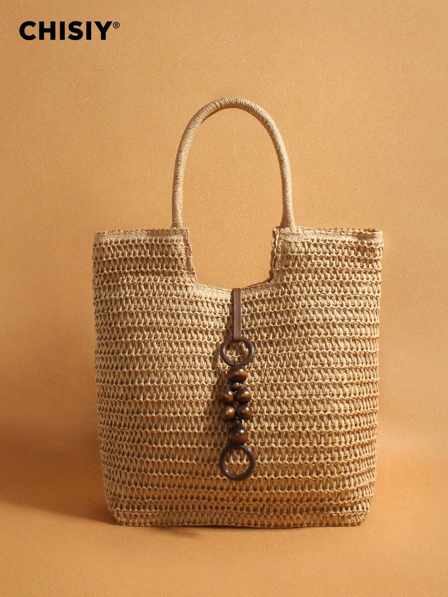 CHISIY Handmade Straw Woven Tote Bag, Shoulder Bag, Bucket Bag, Versatile Casual French Style Commuter Bag With Beaded Decor, Roomy Spacious Woven Tassel Handbag For Work, Travel, Beach, All Seasons - Camel - View 1