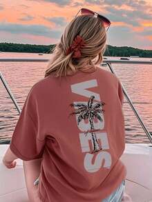 Women's Minimalist Coconut Tree Slogan Print Casual Round Neck Short Sleeve T-Shirt, Simple & Versatile, Suitable For Daily & Holiday Wear.Graphic Tee, Women, White, Black, Pink Summer VacationCasual Daily Wear, Pefert For Summer Vacation Outfits - Brick Red - 查看 3