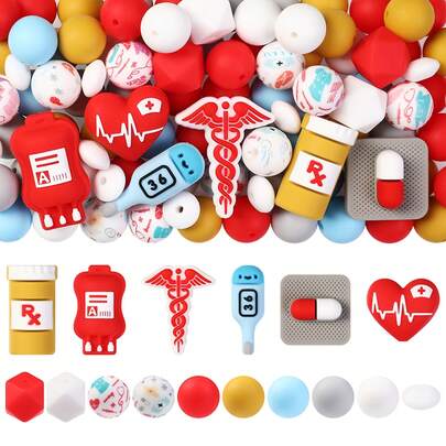 6/28/65pcs 3D Silicone Bead Combination Set, Includes 3D Blood Bag, 3D Ambulance Sign, 3D Pill Bottle, 3D Capsule, 3D Thermometer And 3D Nurse Heart Series Silicone Focal Beads With 15mm Printed Round Beads, Suitable For DIY Bracelets, Lanyards, Beaded Pens, Holiday Decorations And Other Handicrafts - Ideal Gift - Beading Set, Beading Supplies