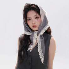 Women Vintage Grey Lace Trim Scarf Versatile Headwrap Hairband Decoration Daily Vacation Photography Sun Protection Shawl - 黃色 - 查看 4