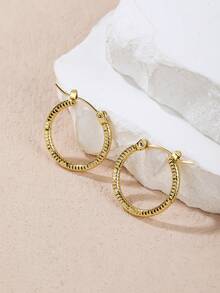 1对时尚简约纹理设计金色不锈钢圈形耳环，优雅耐用，适合女性日常佩戴 - 金色 - 查看 5