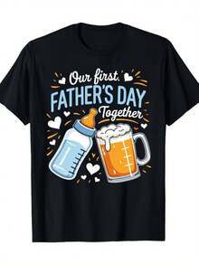 Our First Fathers Day Together Shirt| Daddy Beer And Baby Bottle Design Black Casual Short Sleeve Tee, Crew Neck, Medium Stretch Fabric, Regular Fit, Perfect For All-Season, Graphic Printed, Festive Event Outfit, Ideal Gift For New Dads - màu đen - Xem 1