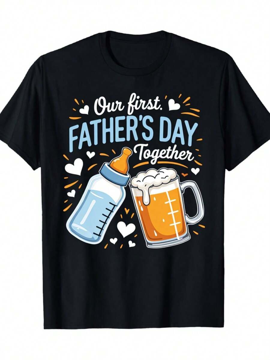 Our First Fathers Day Together Shirt| Daddy Beer And Baby Bottle Design Black Casual Short Sleeve Tee, Crew Neck, Medium Stretch Fabric, Regular Fit, Perfect For All-Season, Graphic Printed, Festive Event Outfit, Ideal Gift For New Dads - màu đen - Xem 1