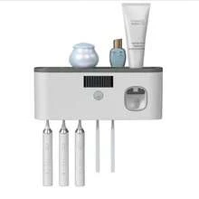 1 pieza Esterilizador de cepillo de dientes inteligente con dispensador de pasta de dientes, soporte de cepillo de dientes montado en la pared, todo en uno estante y esterilizador de cepillo de dientes, organizador de almacenamiento de 5 ranuras para cepillo de dientes, accesorio de baño, decoración del hogar, esencial de vuelta a la escuela - Multicolor - Ver 11
