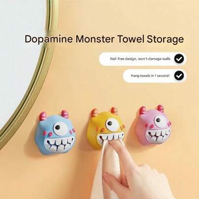 Cute Monster No Drill Towel Clip, Creative Towel Storage Rack, Towel Bar, Button Towel Hanging Hook Bathroom Organizer. A Perfect Gift For Friends And Girlfriends. Available In Pink, Blue And Yellow.