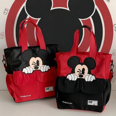 眨眼图案手提包，时尚撞色设计单肩包，适合工作和购物，经典红黑多功能日常托特包，带外部储物袋