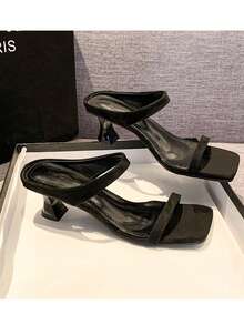 女士方头系带小猫跟凉鞋，豹纹仙女风格，夏季面料鞋面户外高跟凉鞋 - 黑色 - 查看 13