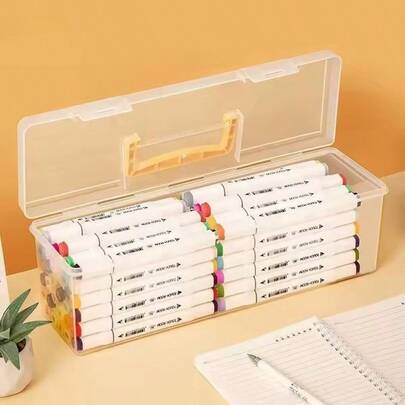 1pc Portable Plastic Storage Box With Handle, Marker Pen Stationery Storage Box, Transparent Large Capacity Covered Organizer, Dust-Proof Moisture-Proof Carry Case, Crayon Pencil Pen Storage Box