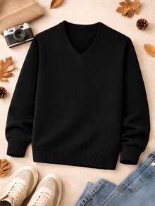 Boys' Junior Sweater, V-Neck Knit Sweater – Basic And Comfortable, Autumn/Winter 2026. - 黑色 - 查看 7