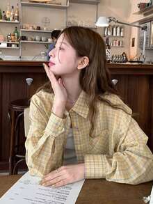 Chemise à carreaux jaune ample avec épaules tombantes vintage, blouse à carreaux ample et polyvalente pour femmes, pour les vacances de printemps/automne - Jaune citron - Voir 1