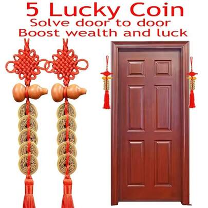 2pcs Traditional Chinese Five Emperor Coins Lucky Coin Hanging Ornament, Metal Feng Shui Amulet For Wealth And Prosperity, With Gourd Design, Door Protection Charm