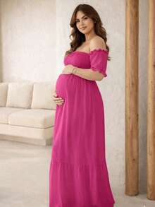 Women's Plus Size Long Ruffled Dress With Princess Sleeves And Elasticated, Adjustable Bodycon Style For Elegant Parties. - Rosa Fucsia - Ver 2