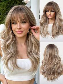Tóc giả xoăn dài 20 inch màu nâu ombre có mái, kiểu dáng thanh lịch và thời trang dành cho nữ, tóc giả tổng hợp chịu nhiệt được sản xuất bằng máy, phù hợp cho cả sử dụng hàng ngày và các dịp lễ hội, món quà lý tưởng cho các cô gái trong dịp lễ. - Màu nâu ombre - Xem 13