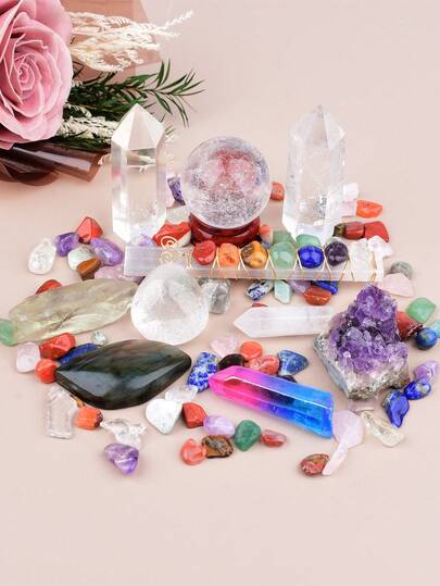 天然混合水晶疗愈石套装：虎眼石、紫水晶、粉晶、黑曜石、白水晶柱，灵性疗愈家居装饰礼品