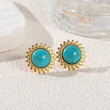 1 Pair 18K Gold Plated Stainless Steel Bohemian Sunflower & Tiger Eye Stone Earrings, Vintage High-End Fashion Earrings For Women - Gold - View 13