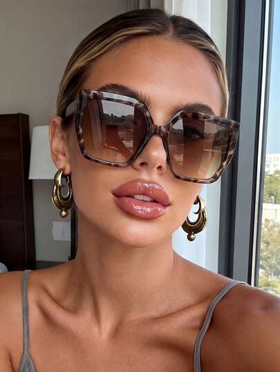 1 Pair Square Large Frame Leopard Print Fashion Glasses, Y2K Music Festival, Summer Beach Vacation, Outdoor Activities, Travel Essential, Suitable For Women As Beach Accessories, Glasses, Valentine's Day Gift, Summer Beach Vacation, Outdoor, Travel