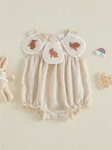 Baby Girls Rompers Easter Clothes Bunny Embroidered Crew Neck Sleeveless Infant Bodysuits Jumpsuits - Khaki - View 1