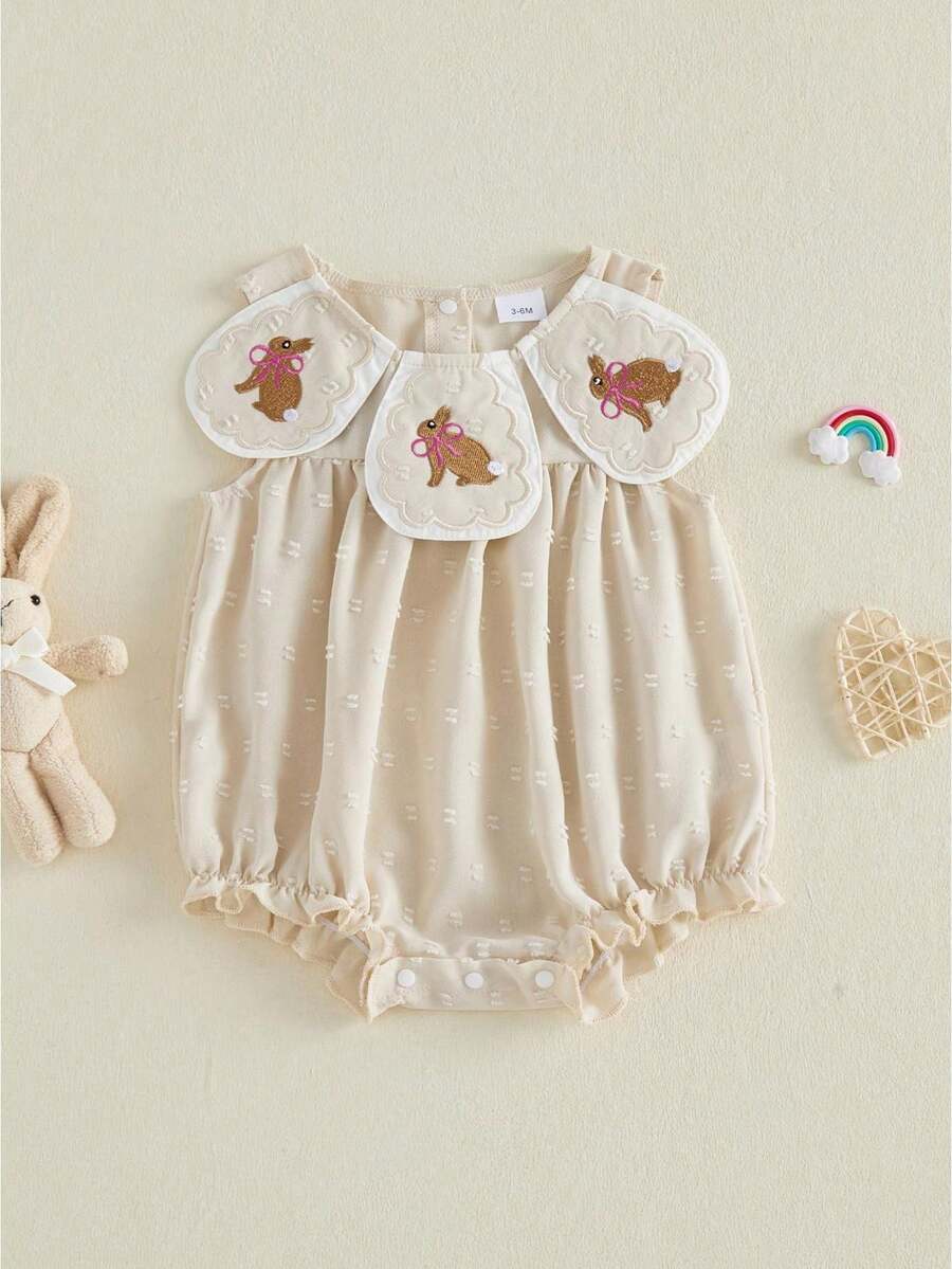 Baby Girls Rompers Easter Clothes Bunny Embroidered Crew Neck Sleeveless Infant Bodysuits Jumpsuits - Khaki - View 1
