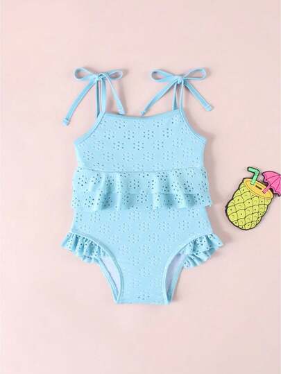 Toddler Girl Summer Swimsuit Adorable Solid Color Sleeveless Square Neck Hollow Out Bathing Suit For Pool Beach
