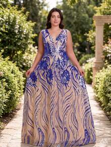 Romagic 曲线款无袖亮片长款连衣裙，V领露背系带A字优雅舞会礼服，春夏款 - 藍色 - 查看 1