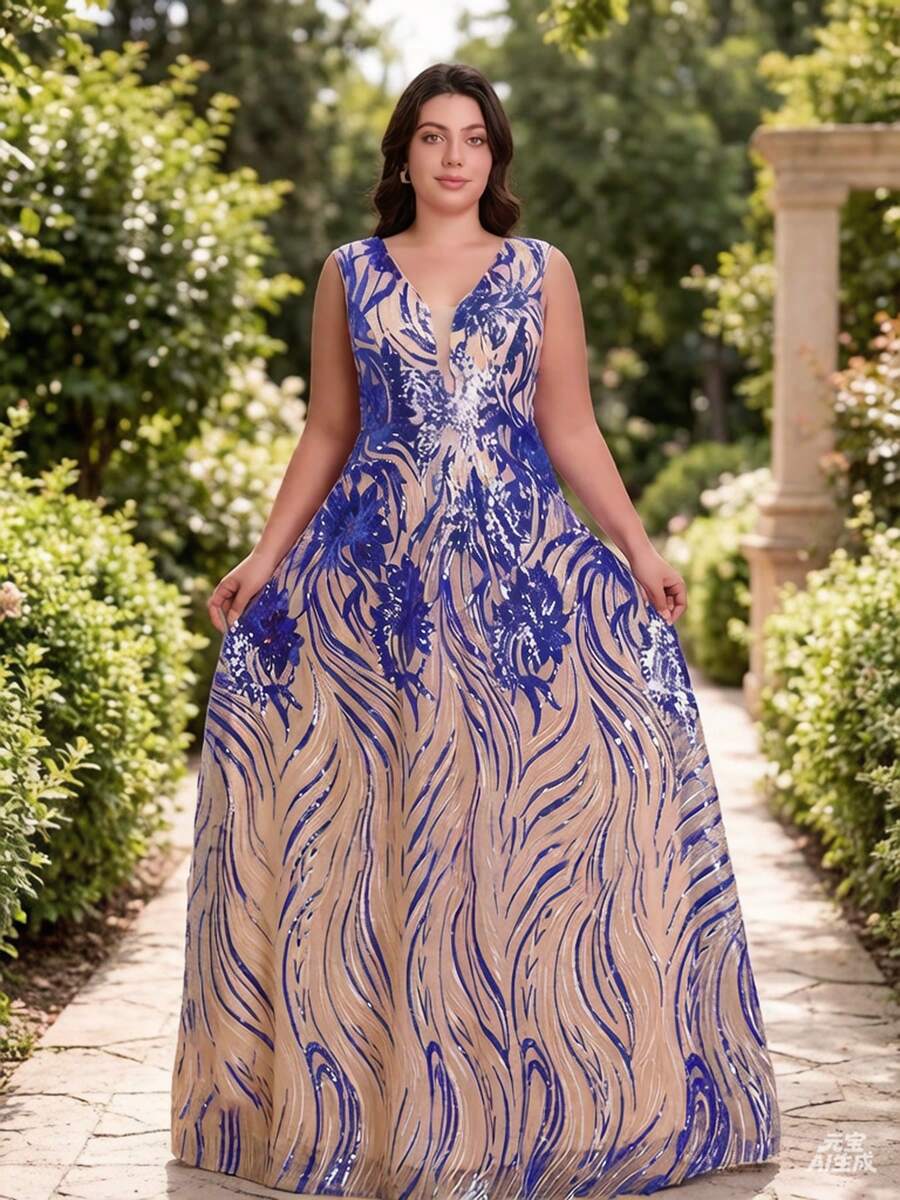 Romagic 曲线款无袖亮片长款连衣裙，V领露背系带A字优雅舞会礼服，春夏款 - 藍色 - 查看 1