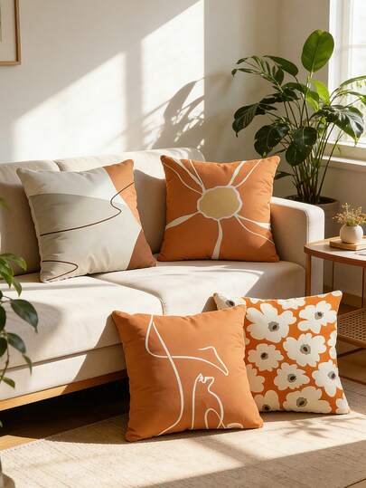 4 pezzi Federe per cuscini con stampa floreale geometrica arancione astratta (Inserto cuscino non incluso), Copricuscini decorativi per divano, testiera da letto, sedili auto, decorazione camera