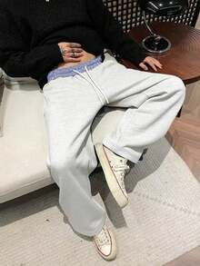 1 pieza Pantalón de chándal de pierna recta y corte holgado para hombre, diseño de parche en la cintura, bolsillos laterales, pantalón cómodo de estilo deportivo para primavera/otoño, tela de punto, material duradero - Gris - Ver 2