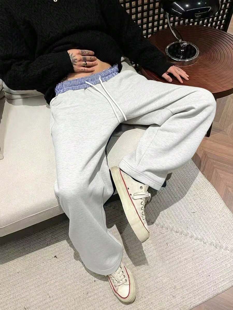 男士宽松直筒运动裤，腰部拼接设计，侧边口袋，舒适的春秋季运动风长裤，针织面料，耐穿材质 - 灰色 - 查看 1