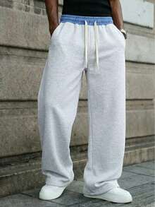 1 pieza Pantalón de chándal de pierna recta y corte holgado para hombre, diseño de parche en la cintura, bolsillos laterales, pantalón cómodo de estilo deportivo para primavera/otoño, tela de punto, material duradero - Gris - Ver 10