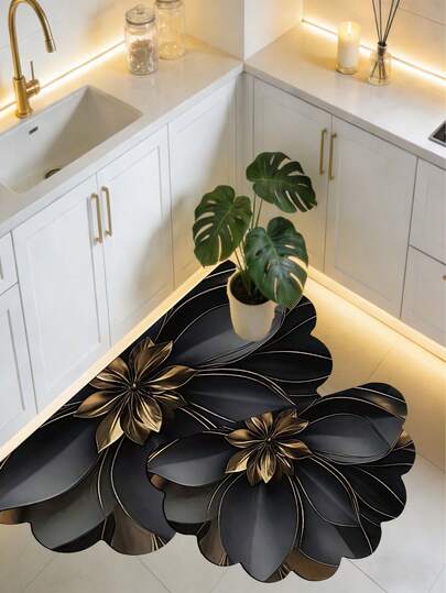 1pc Black & Gold Floral Pattern Silica Gel Bath Mat, Bathroom Rug, Doormat, Small Carpet, Washable Carpet, Mother's Day Gift