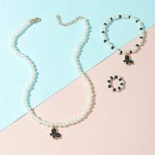 女孩蝴蝶珍珠首饰套装 3 件套 梦幻设计项链手链戒指耳环 可爱派对礼品 - 彩色 - 查看 7