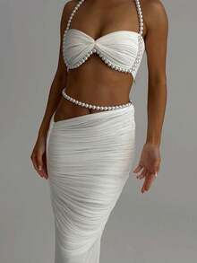 DOUCIU 2pcs Set Elegant Pearl Decor Backless Crop Top And Mini Skirt Suit - White - View 3
