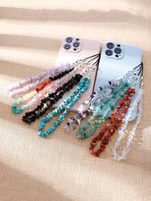 碎石时尚天然水晶手机挂绳蛋白石紫水晶绿东陵玉绿松石玫瑰石英碎石手机链女士挂饰春季礼物 - 彩色 - 查看 1