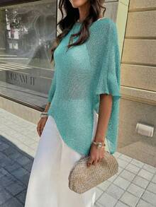 FOR BEAUTY Women's Summer New Knit Top, Casual Style, Light Green Solid Color Loose Shoulder Cover, Bohemian Style, Suitable For Beach And Vacation - Mint Green - View 8