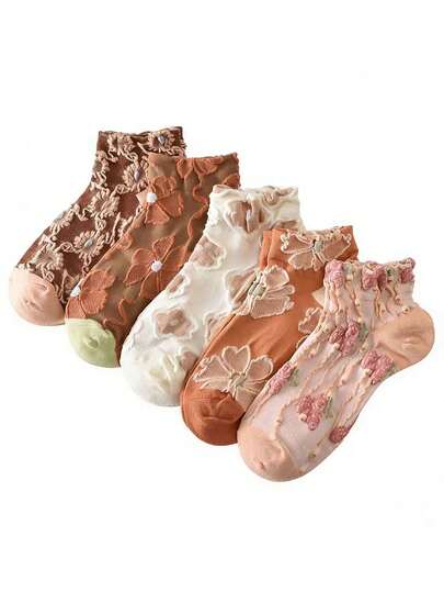 5 Pairs Women's Spring/Summer Crew Socks, Forest Style Floral Sweet Jacquard Sweat-Absorbing Breathable Short Socks