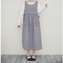 1 chiếc tạp dề kẻ caro, kiểu Nhật Bản, chất liệu cotton nguyên chất, không tay, thắt eo, có hai túi, chống dầu mỡ, thích hợp cho việc làm bánh, tụ họp, tiệc tân gia, nhà bếp, làm hoa, mọi mùa. - Đen trắng - Xem 1