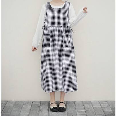 1 chiếc tạp dề kẻ caro, kiểu Nhật Bản, chất liệu cotton nguyên chất, không tay, thắt eo, có hai túi, chống dầu mỡ, thích hợp cho việc làm bánh, tụ họp, tiệc tân gia, nhà bếp, làm hoa, mọi mùa.