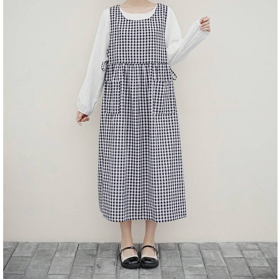 1 chiếc tạp dề kẻ caro, kiểu Nhật Bản, chất liệu cotton nguyên chất, không tay, thắt eo, có hai túi, chống dầu mỡ, thích hợp cho việc làm bánh, tụ họp, tiệc tân gia, nhà bếp, làm hoa, mọi mùa. - Đen trắng - Xem 1