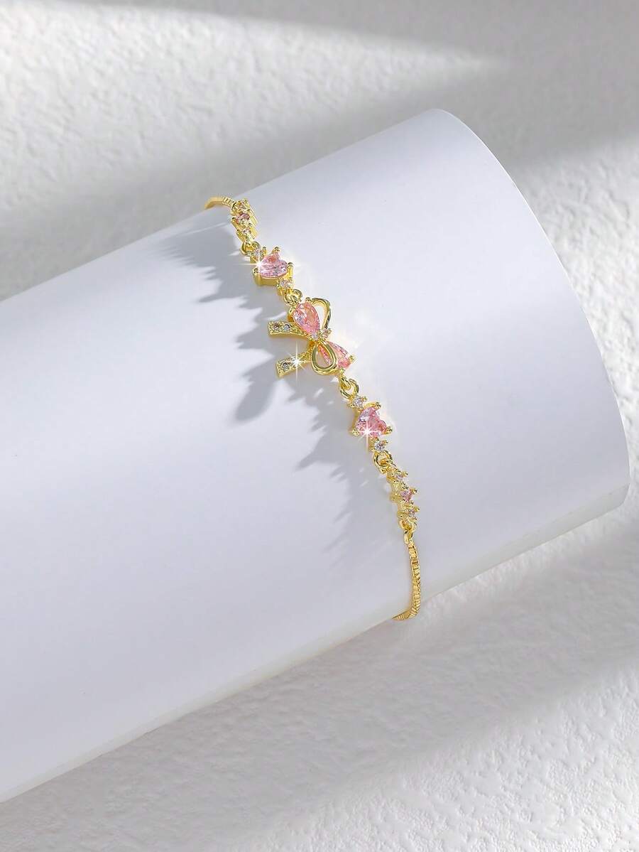 1件优雅可爱奢华蝴蝶心形锆石可调节手链，适合女性和女孩日常佩戴、生日礼物、毕业派对，为装扮增添精致感。 - 彩色 - 查看 1