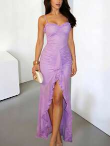 Vestido maxi irregular con tirantes de hombro estilo lechuga, sexy, para vacaciones en la playa, marca DOUCIU - Morado - Ver 1