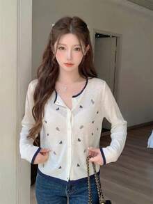 Cropped Long Sleeve Cover Up Lightweight Jacket Hollow Out Knit Sweater For Women, Casual Sweet Style With Frill Trim, Spring/Summer - Apricot - View 2