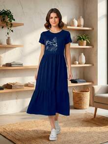 Women's Three-Maria Midi Dress By Aveloz, Cat Animal Print. - Màu xanh hải quân - Xem 1